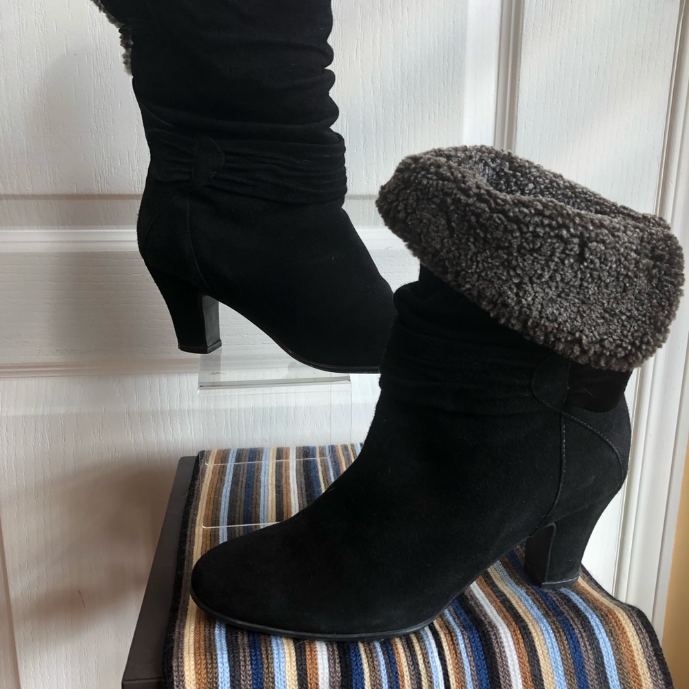 Blondo Black Suede Fold-Over Shearling Cuff Heeled Ankle Boots